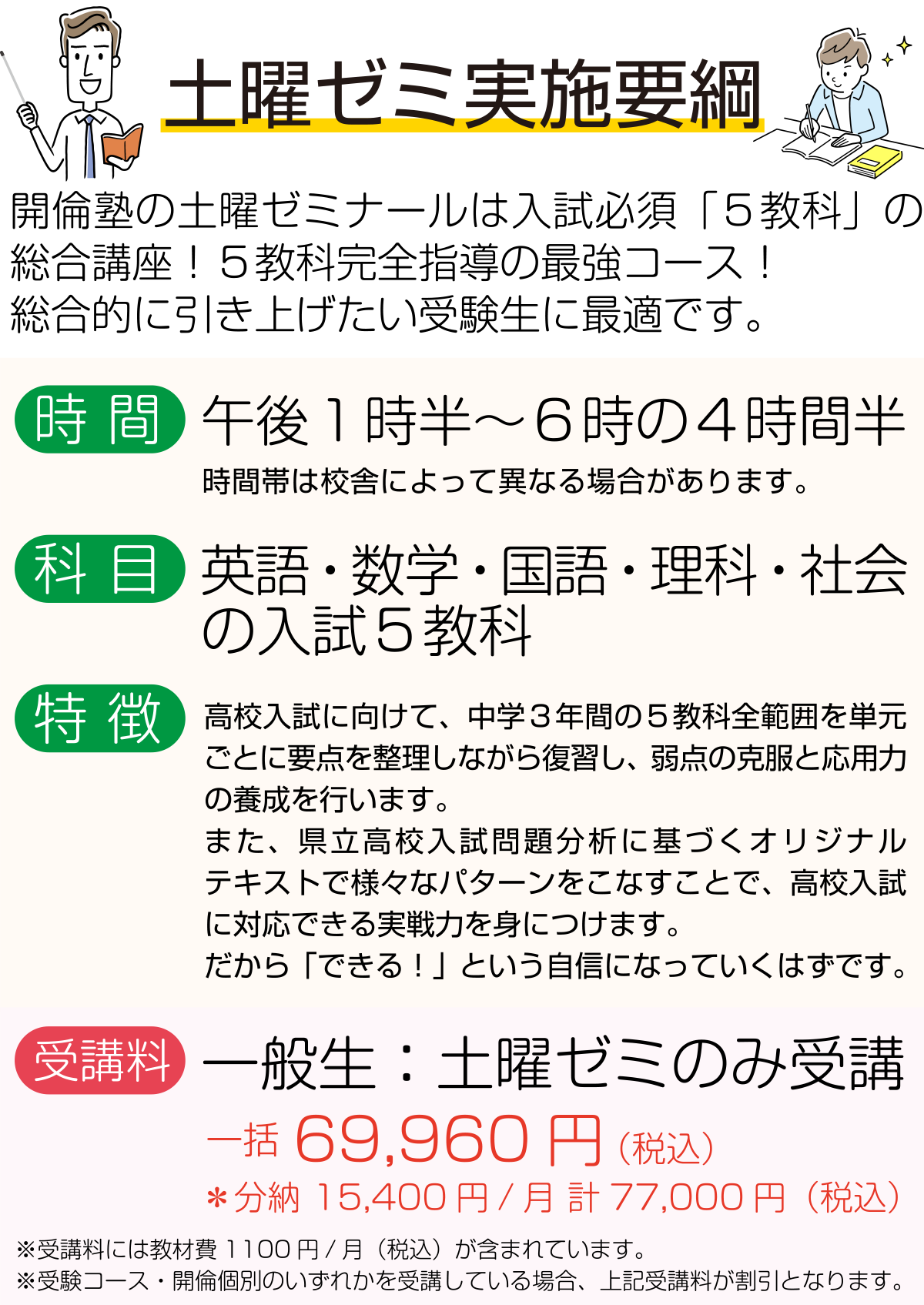 中３土曜ゼミ指導内容：受講料