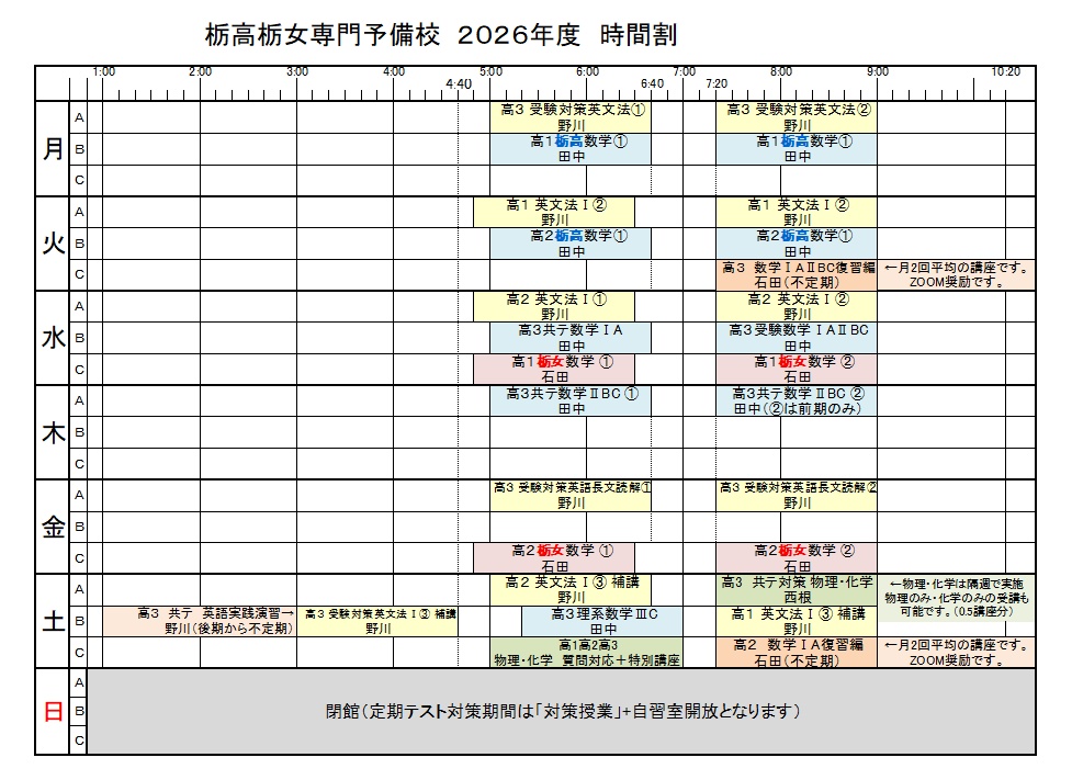 栃高栃女専門予備校　2026年度時間割