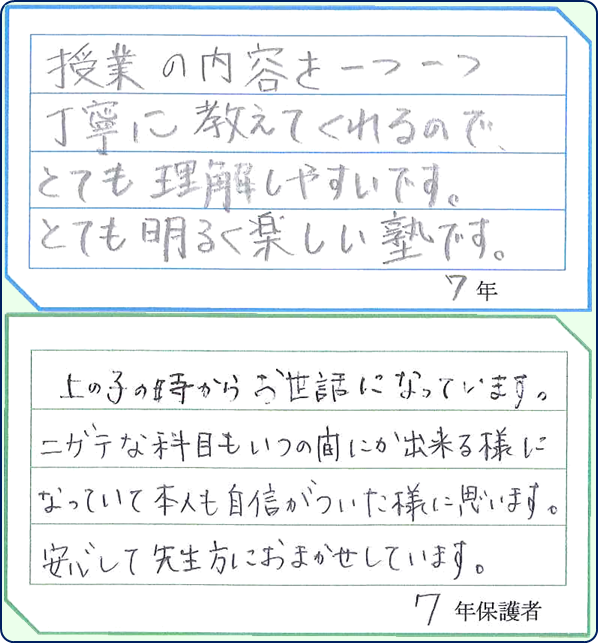 谷田部校の在塾生と保護者様の声７年